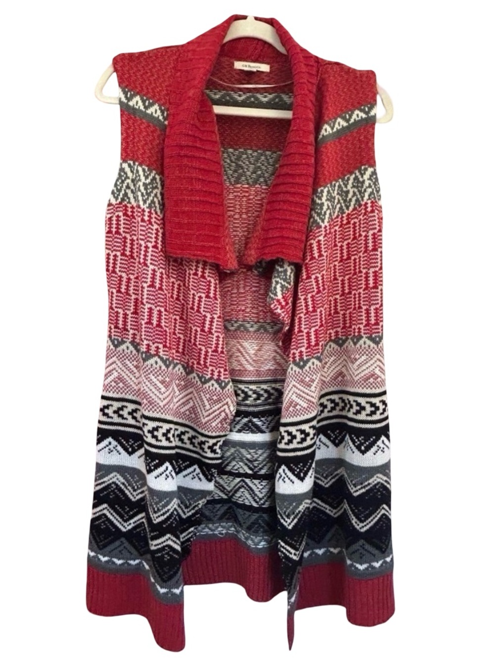 GH Bass Cardigan sweater vest Red Aztec Southwestern Open Front Long duster S - Picture 8 of 9